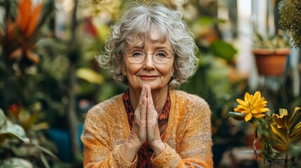 Smiling Senior Woman with Grey Hair in a Garden