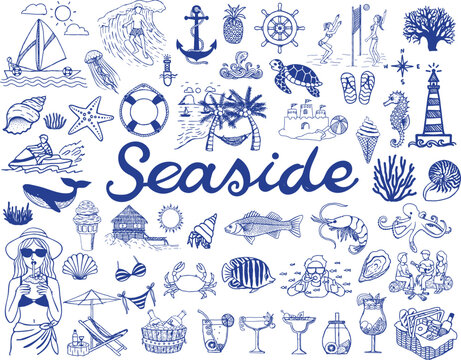 Hand drawn coastal dooles bundle including sea creatures,beach activities, nautical elements, vector illustration,