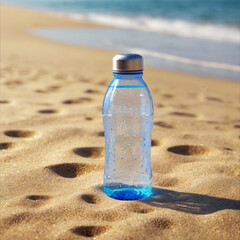 Blue Water Bottle on Sandy Beach Near Ocean Waves in Summer Sunlight