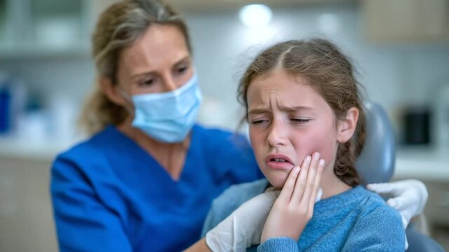 A pediatric dentist examines a young girl with puffy cheeks and downturned eyes, gently checking her sore tooth while the child flinches in discomfort