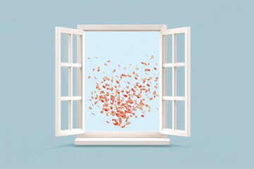 Conceptual Artwork of an Open Window Releasing Colorful Petals Into a Bright Sky