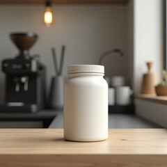 Minimalist White Jar on Wooden Table in Modern Coffee Shop Interior
