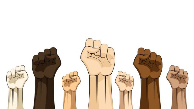 Raised fist hands with diverse skin tones animation on white background and green screen. 4K animated for motion graphics, protest themes, campaign visuals, social videos, and visual storytelling.