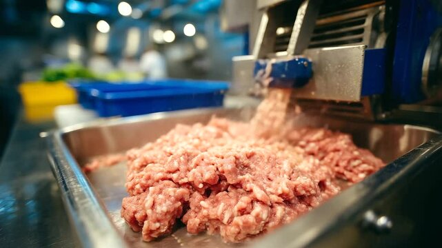 A stainless steel meat grinder extrudes freshly minced pork into a large industrial tray, close-up details showing the texture and moisture of the raw meat under kitchen lighting