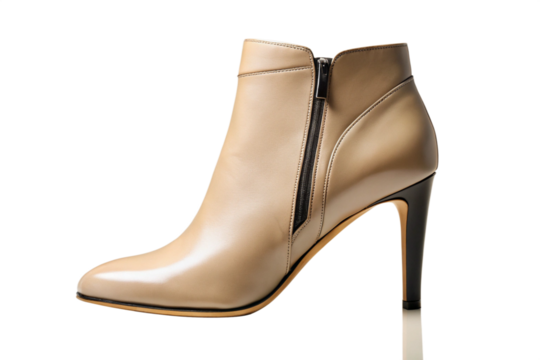 Elegant beige leather ankle boot with high heel and black zipper isolated on black