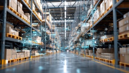 Fototapeta premium Digitalized warehouse enhanced with automation and analytics systems for better operational control.