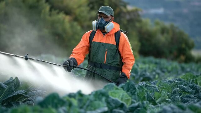Against a rural backdrop, a farmer in orange coveralls and a respirator sprays chemicals over a cabbage crop, surrounded by mist and early morning sunlight