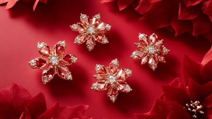 Red Gemstone Flower Brooches on Red Background, Jewelry, Floral Design