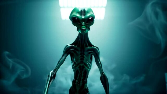 Eerie medium shot of a classic green alien figure walking towards the camera through atmospheric smoke and fog