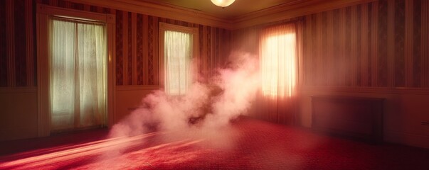 Red Room Haze Smoky Interior with Vintage Wallpaper, Mystery, Eerie Vintage Interior, Atmospheric Photography