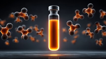 A glass vial with glowing orange liquid surrounded by molecular structures.