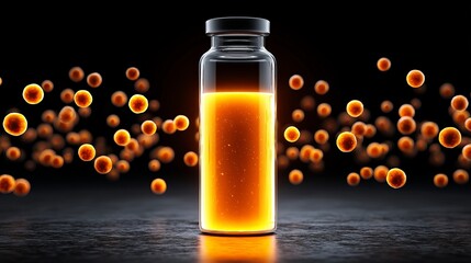 A glass vial filled with glowing orange liquid surrounded by floating particles.