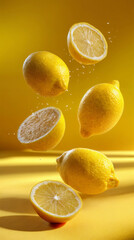 Falling juicy lemons on yellow background. Tropical fruit textures and culinary backdrop concept. Food shot for wallpaper, poster