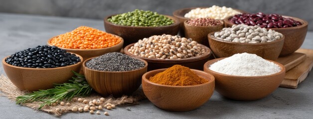 Brightly colored grains and beans are neatly arranged in wooden bowls on a rustic table, showcasing their culinary diversity and appeal