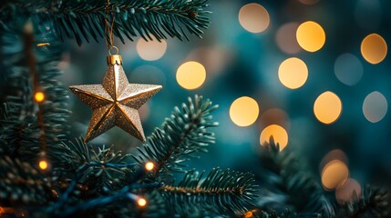 Sparkling Star Ornament on Christmas Tree with Bokeh Lights, Christmas Decoration, Holiday Season