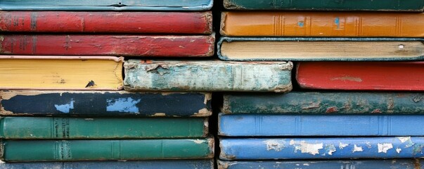 Stack of Vintage Books Colorful, Worn, Antiquarian, Library, Old Books. Antique Books, Aged Books