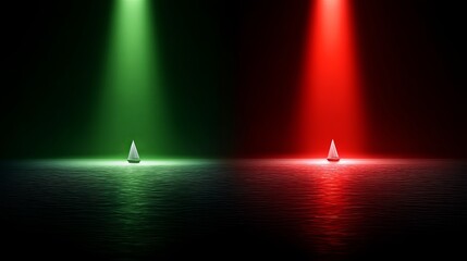 A sailboat illuminated by green and red lights in a tranquil sea.