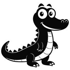 Friendly cartoon alligator with big eyes stands smiling playfully on a plain background