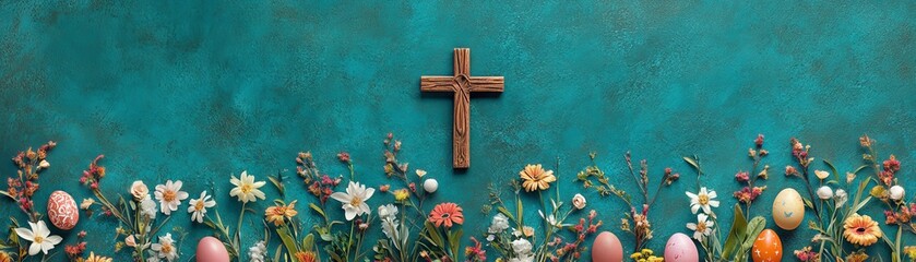 Teal Background Easter Cross Flowers Eggs, Easter, Spring