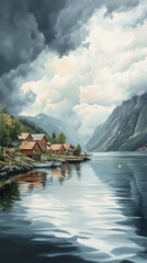 Peaceful Scandinavian fjord with small fishing village with wooden houses, boats by the shore and dramatic cloud formations.