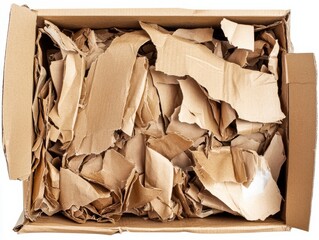 Top View of Cardboard Shreds in a Box, Recycling, Packing Material, Brown Paper ,shredded cardboard,packing peanuts