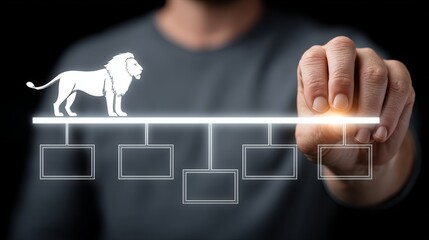 A man creating a conceptual business structure with a lion symbolizing strength.