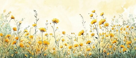 Watercolor painting of a field of yellow wildflowers on a soft, light background.  The flowers vary in height and bloom, creating a natural and vibrant scene