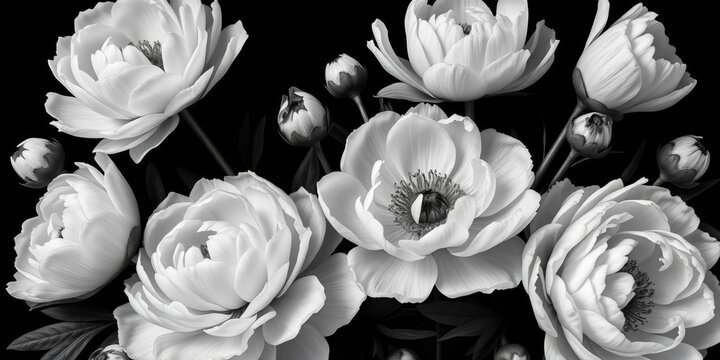 Black and white baroque-style image of a vintage peony bouquet Elegant floral pattern, perfect for wallpaper or greeting cards, greeting card, background