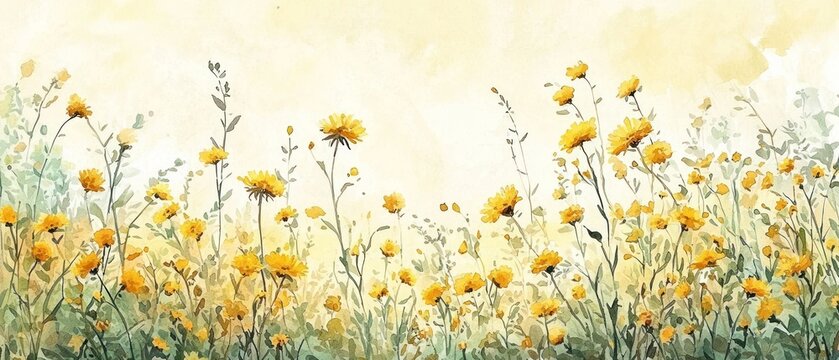 Watercolor painting of a field of yellow wildflowers on a soft, light background.  The flowers vary in height and bloom, creating a natural and vibrant scene