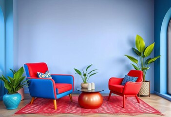 Bold red & blue armchair, geometric patterns, green plants, minimalist Memphis style living room, red, background