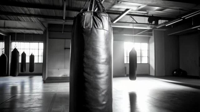 Boxing gym interior featuring heavy black punching bags suspended from the ceiling in an empty workout training area with concrete floor and industrial design.
