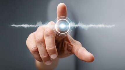 A close-up of a hand reaching towards a sound wave graphic, depicting interaction.