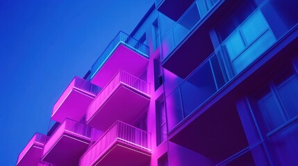 Fototapeta premium Neon-lit apartment building at twilight