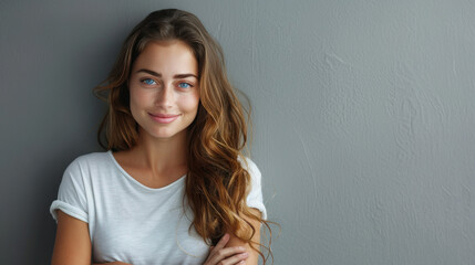 A 28-year-old with flawless features, blue eyes, and a radiant smile, wearing a stylish white tee and jeans—elegant, modern, and ultra-realistic against a gray backdrop...