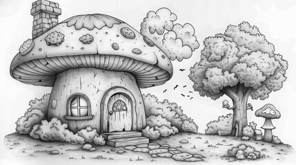 A big mushroom house with a door, windows, and a chimney—crisp black lines on a white background, perfect for a cute and cozy children's coloring book page...