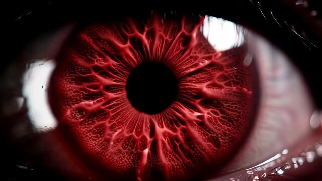 Extreme close-up of an intense red eye with a textured iris unnaturally shifting and contracting under dramatic low key lighting