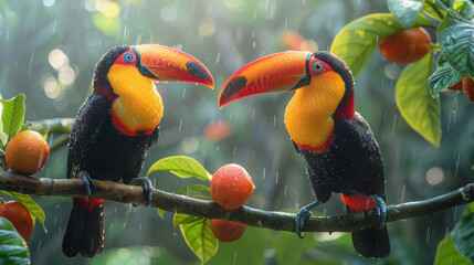 Two toucans perched on a tree branch in a lush tropical rainforest, surrounded by vibrant wildlife in their natural jungle habitat...
