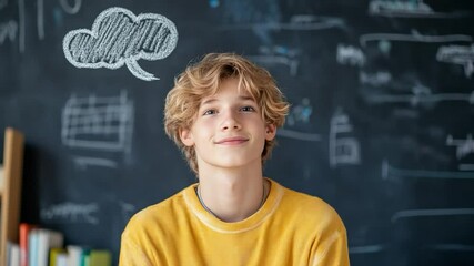 Person with chalk drawing speech bubble on dark background - Powered by Adobe
