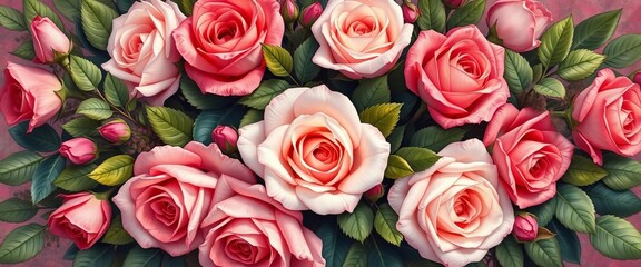 Fototapeta premium Digital painting of a lush bouquet of roses and botanical leaves, ideal for wedding invitations, romantic, greeting card