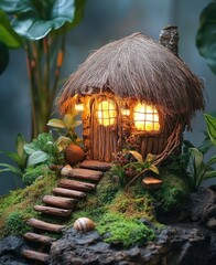 Obraz premium Miniature thatched hut nestled in mossy landscape, lit by warm light