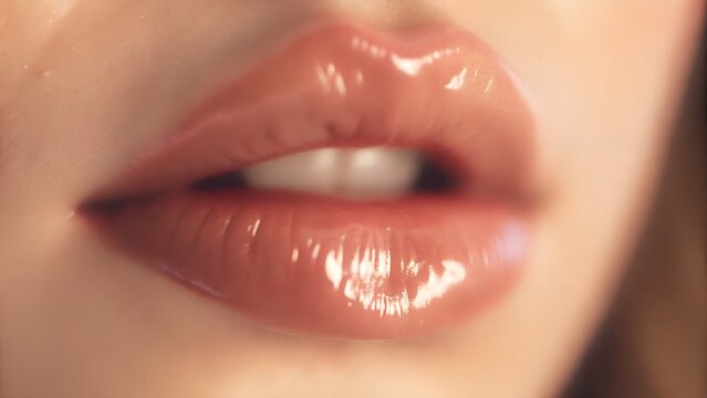 Primer plano de labios brillantes con barra de labios nude y brillo sutil