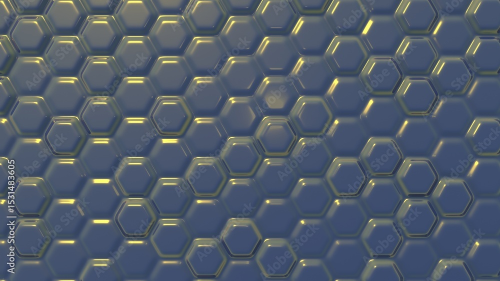 Poster 3d hexagonal pattern with glowing reflections in dark blue.