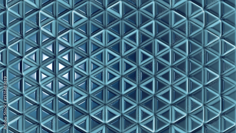 Poster repeating triangular 3d mesh pattern with a metallic sheen.