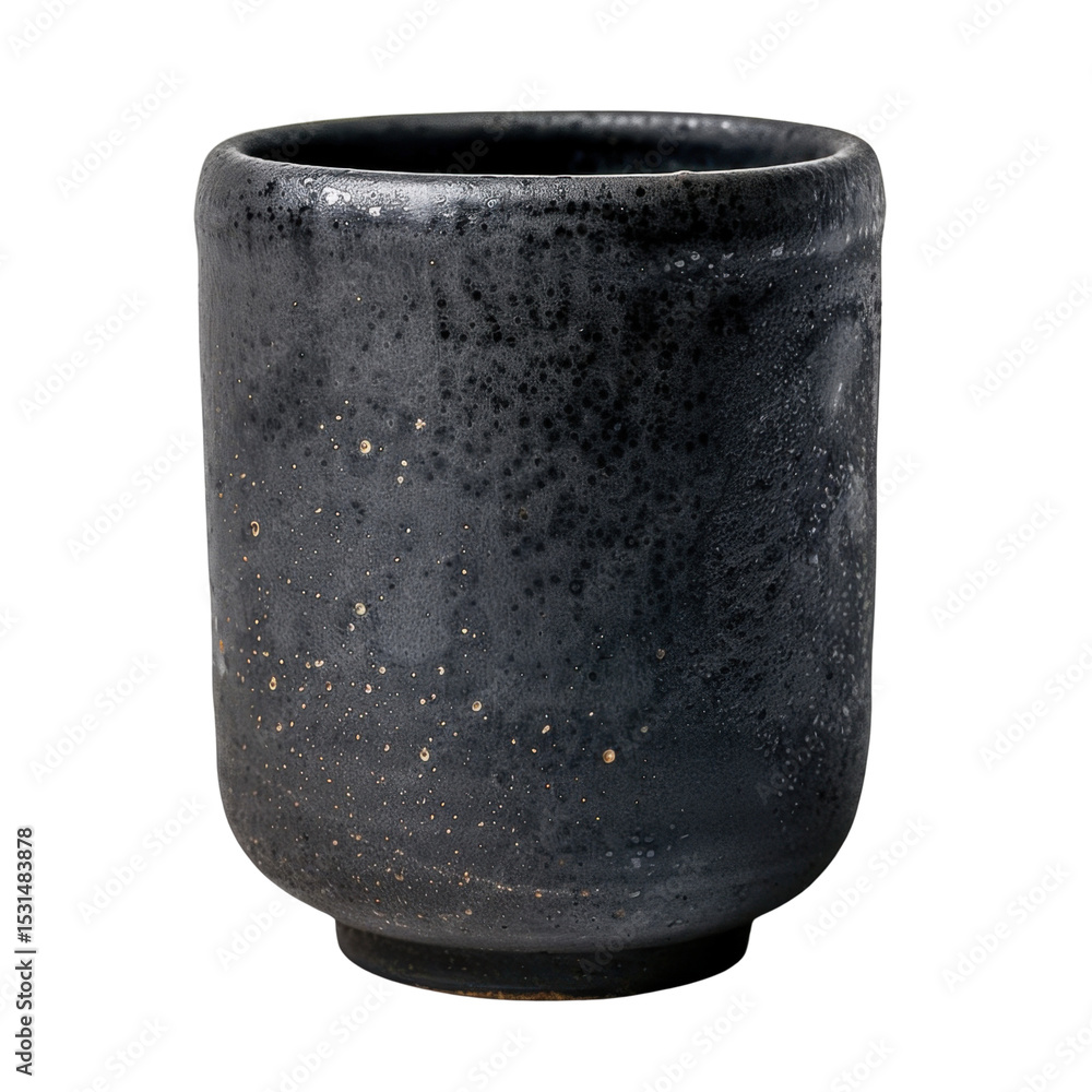 Poster beautifully crafted ceramic cup with textured black surface, featuring subtle speckles that add char