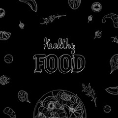 Healthy food illustration design. Wholesome nutrition eating plan outline. Restaurant menu diet wellness blog. Minimalist black background vector art.