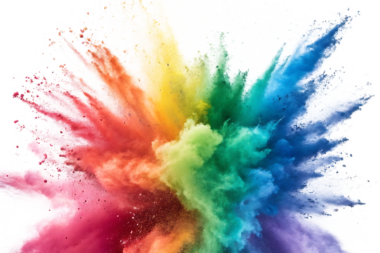 A vibrant explosion of rainbow colored powder creates a dynamic and visually striking composition