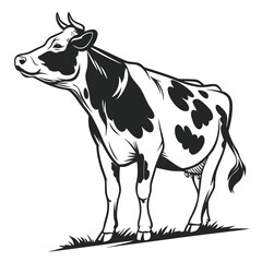 Isolated Holstein cow stands peacefully with monochrome spots grazing on a field in minimalist style