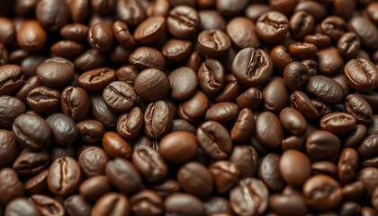 Close-up of roasted coffee beans, rich brown tones, textures visible,  food,  still life