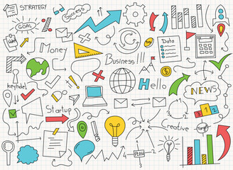 Business doodles on graph paper: Arrows, charts, lightbulbs, and words like 'Strategy,' 'Success,' and 'Creative' illustrate business concepts.