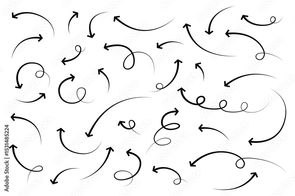 Poster a diverse set of hand-drawn arrows showcase various shapes and directions. vector illustration on a 